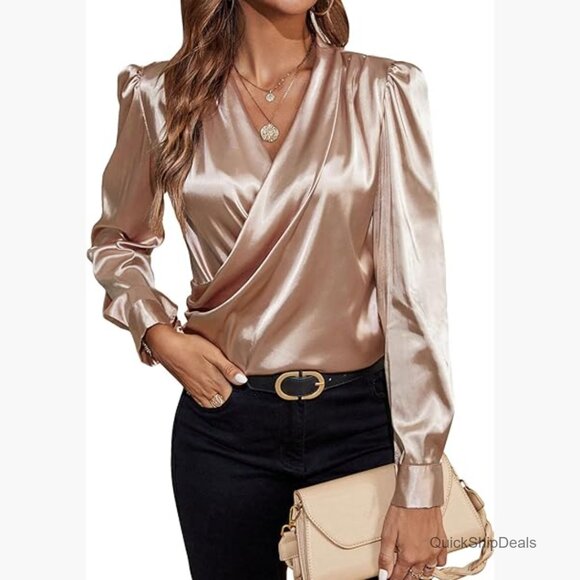 Satin Silk Blouse Wrap V Neck Puff Long Sleeve Shirt Casual Office Top